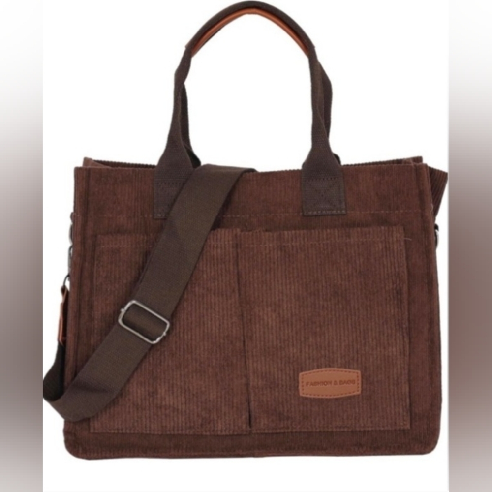 Womens Corduroy Tote Bag with Pockets Fashion Crossbody Bag. Coffee Brown.